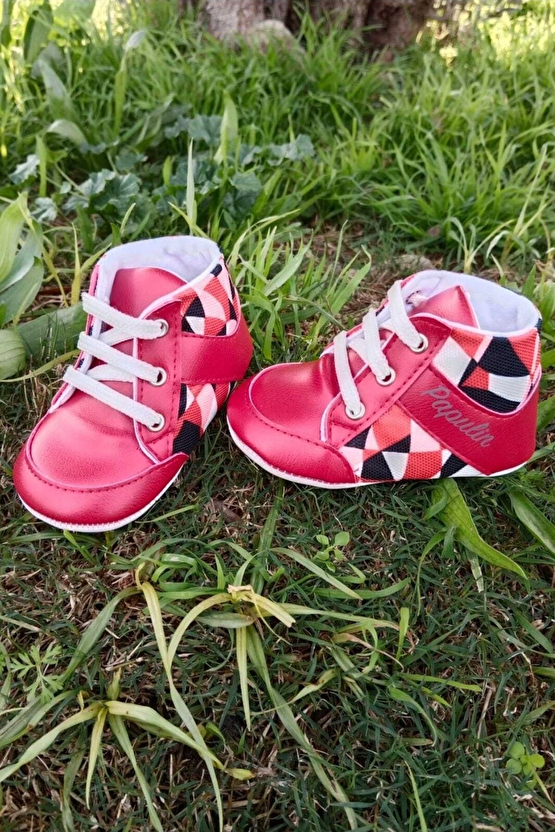 Kirmizi Renkli İci Pamuklu Organik Cocuk Bebek İlkadim Bagcikli Patik Sneaker Casual Ayakkabi