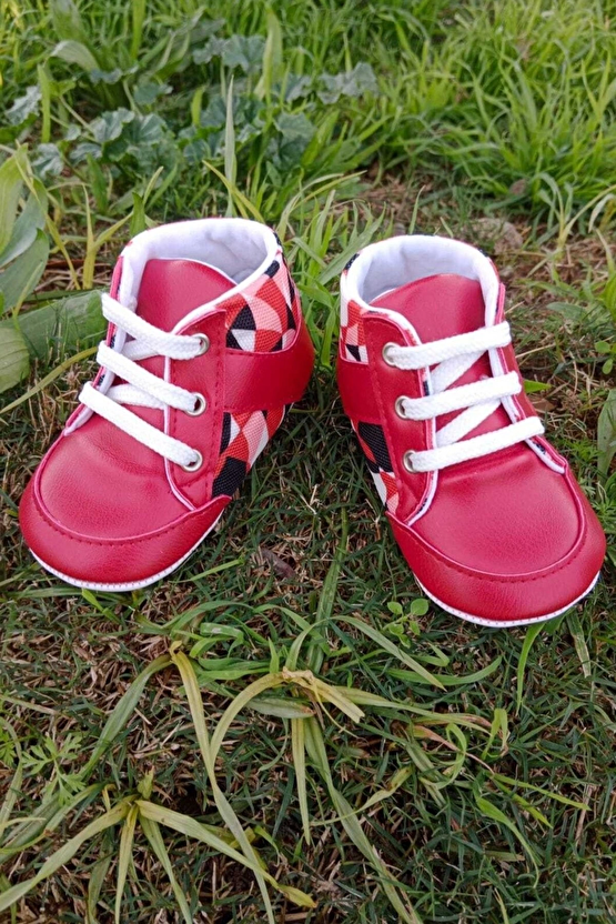 Kirmizi Renkli İci Pamuklu Organik Cocuk Bebek İlkadim Bagcikli Patik Sneaker Casual Ayakkabi