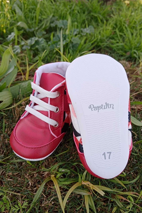 Kirmizi Renkli İci Pamuklu Organik Cocuk Bebek İlkadim Bagcikli Patik Sneaker Casual Ayakkabi