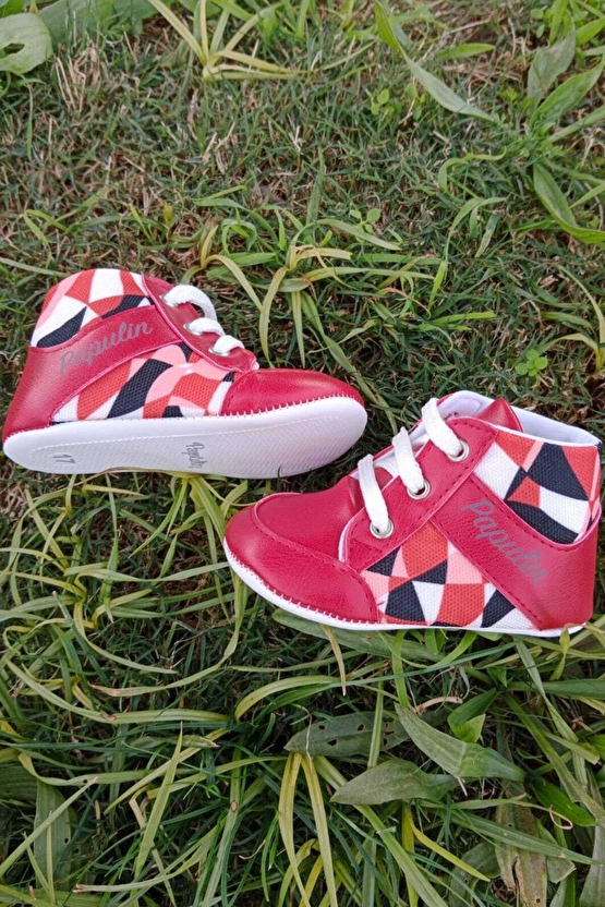 Kirmizi Renkli İci Pamuklu Organik Cocuk Bebek İlkadim Bagcikli Patik Sneaker Casual Ayakkabi