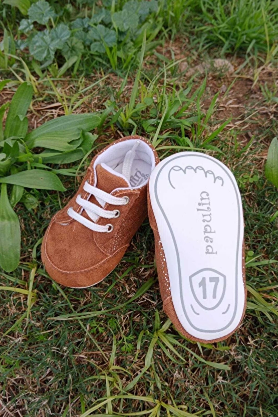 Kahve Renkli İci Pamuklu Organik Cocuk Bebek İlkadim Bagcikli Patik Sneaker Casual Ayakkabi