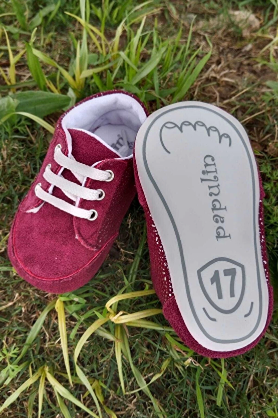 Bordo Renkli İci Pamuklu Organik Cocuk Bebek İlkadim Bagcikli Patik Sneaker Casual Ayakkabi