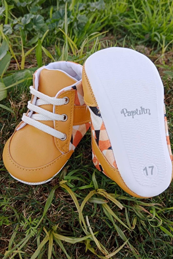 Hardal Renkli İci Pamuklu Organik Ortopedik Cocuk Bebek İlkadim Bagcikli Patik Kanvas Sneaker Casual Ayakkabi