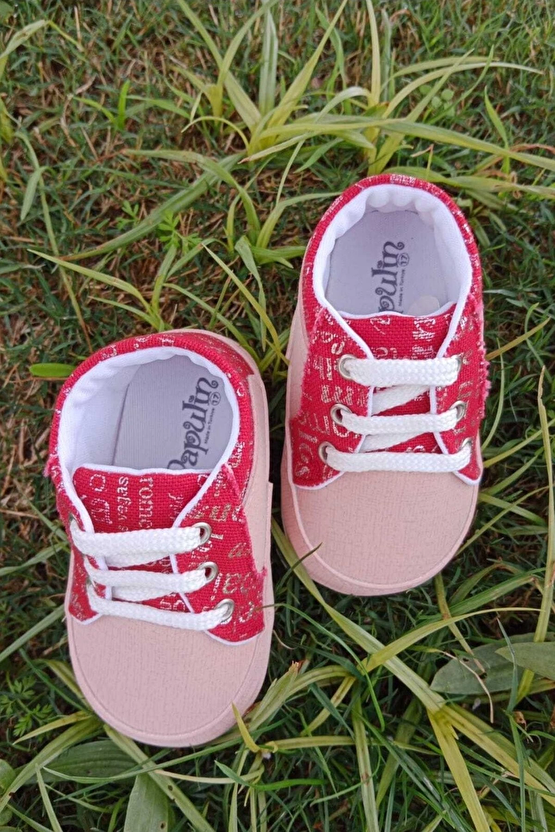 Somon Kirmizi Renkli İci Pamuklu Organik Ortopedik Cocuk Bebek İlkadim Bagcikli Patik Kanvas Sneaker Casual Ayakkabi