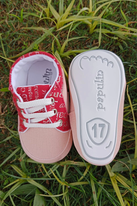 Somon Kirmizi Renkli İci Pamuklu Organik Ortopedik Cocuk Bebek İlkadim Bagcikli Patik Kanvas Sneaker Casual Ayakkabi