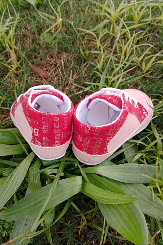 Somon Kirmizi Renkli İci Pamuklu Organik Ortopedik Cocuk Bebek İlkadim Bagcikli Patik Kanvas Sneaker Casual Ayakkabi