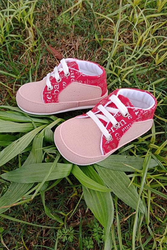 Somon Kirmizi Renkli İci Pamuklu Organik Ortopedik Cocuk Bebek İlkadim Bagcikli Patik Kanvas Sneaker Casual Ayakkabi