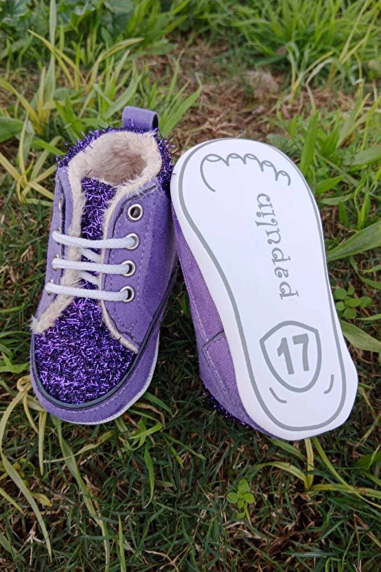 Eflatun Renkli İci Polarli Organik Ortopedik Cocuk Bebek İlkadim Bagcikli Patik Kanvas Sneaker Casual Ayakkabi