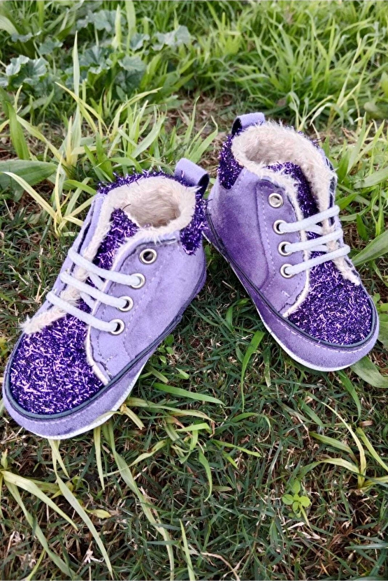 Eflatun Renkli İci Polarli Organik Ortopedik Cocuk Bebek İlkadim Bagcikli Patik Kanvas Sneaker Casual Ayakkabi