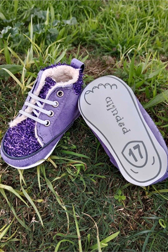 Eflatun Renkli İci Polarli Organik Ortopedik Cocuk Bebek İlkadim Bagcikli Patik Kanvas Sneaker Casual Ayakkabi