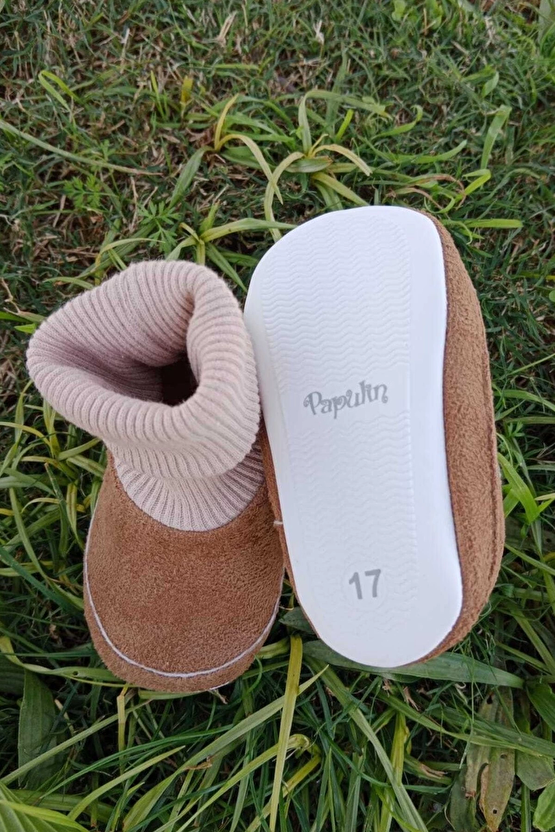Kahve Renkli İci Pamuklu Astarli Corapli Model Organik Ortopedik Cocuk Bebek İlkadim Patik Panduf Ayakkabi