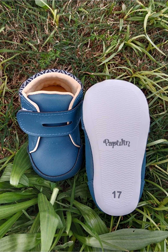 Lacivert Renkli İci Pamuklu Cirtli Bantli Kapamali Organik Unisex Cocuk Bebek İlkadim Patik Ayakkabi