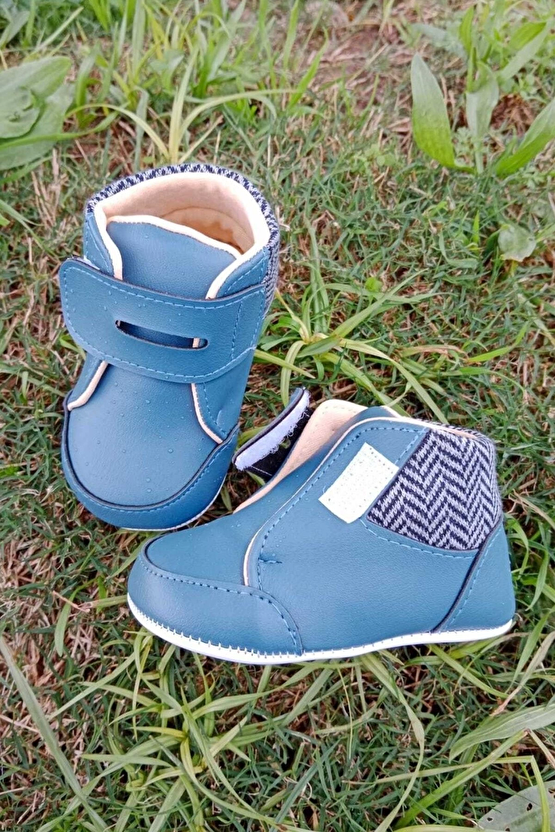 Lacivert Renkli İci Pamuklu Cirtli Bantli Kapamali Organik Unisex Cocuk Bebek İlkadim Patik Ayakkabi