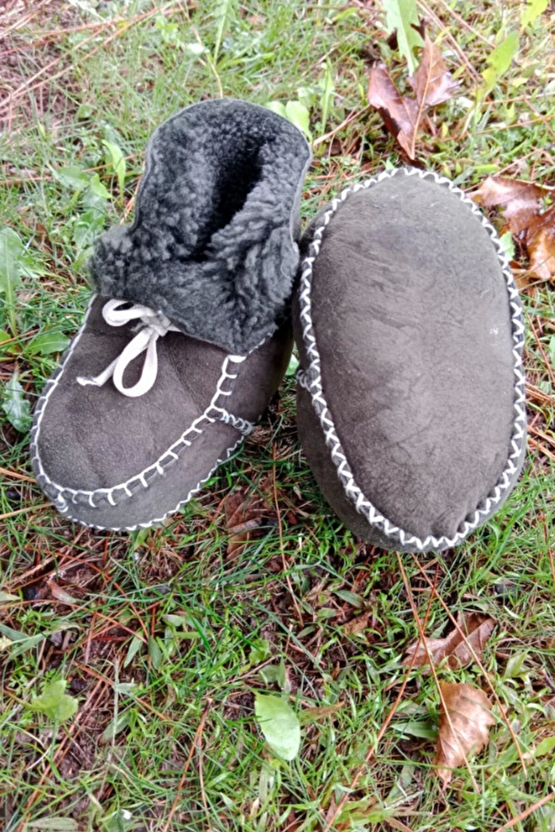 Haki Renkli Hakiki Kuzu Derisi Bagcikli İci Polarli Organik Ortopedik Cocuk Bebek İlkadim Bagcikli Patik Kanvas Sneaker 