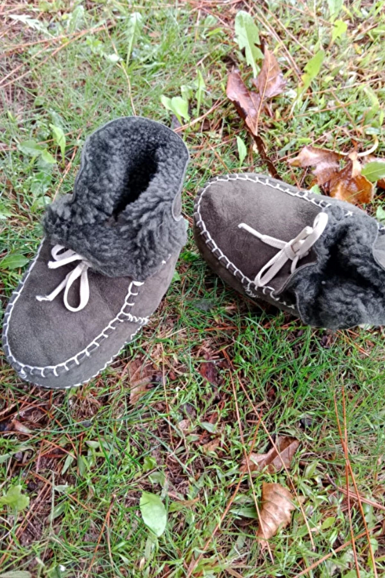 Haki Renkli Hakiki Kuzu Derisi Bagcikli İci Polarli Organik Ortopedik Cocuk Bebek İlkadim Bagcikli Patik Kanvas Sneaker 