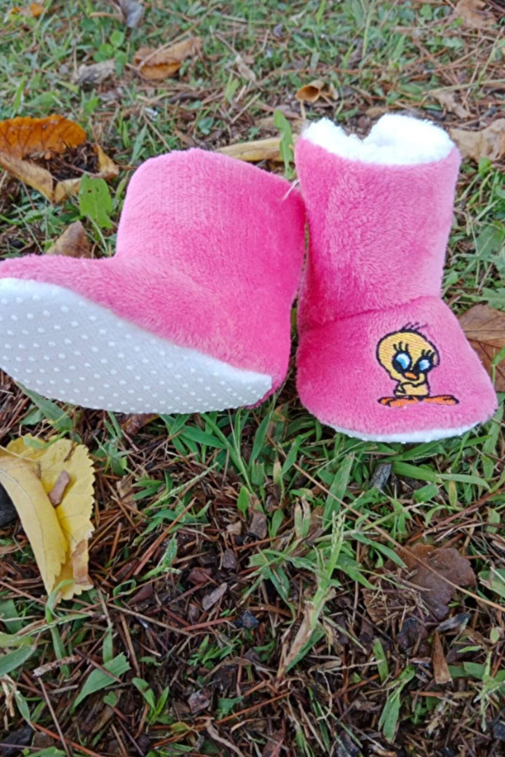 Fusya Renkli Tweety Sylvester Nakisli İci Pamuklu Organik Hafif Taban Ortopedik Cocuk Bebek İlkadim Patik Panduf