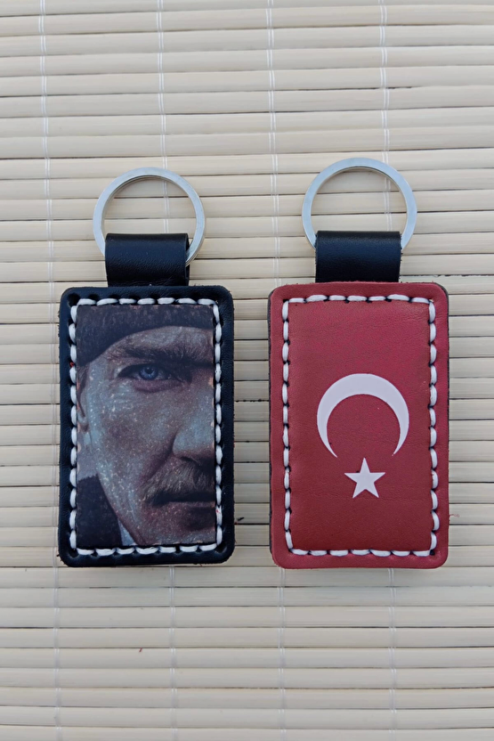 2 Adet Ozel Uretim Ataturk Siluetli Ayyildiz Hakiki Deri Hediyelik Anahtarlik