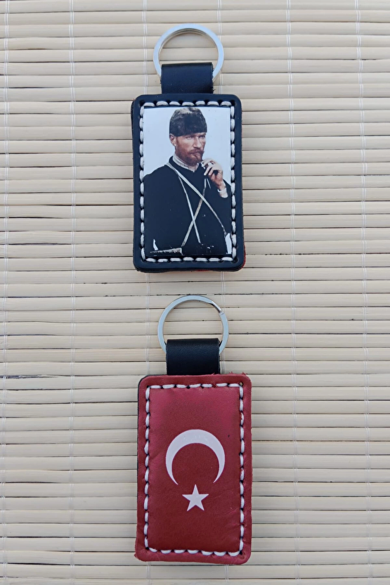 Ozel Uretim Ayyildiz Bayrakli Ataturk Siluetli Hakiki Deri Hediyelik Anahtarlik