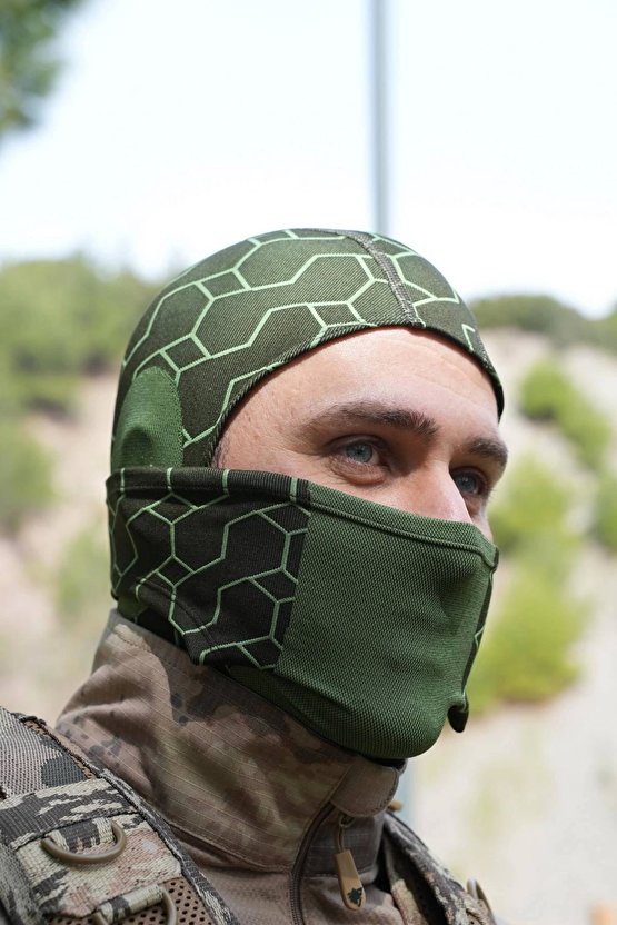 Koyu Yesil Haki Renkli Ruzgar Gecirmez Termal Balaklava Kar Maskesi
