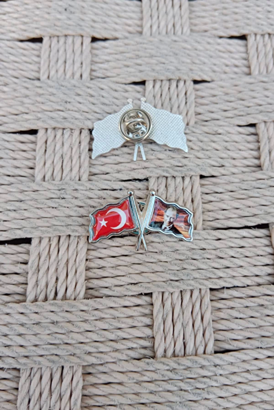 Ataturk Resimli Dalgalanan Bayrak Ceket Yaka İgnesi Yaka Rozet