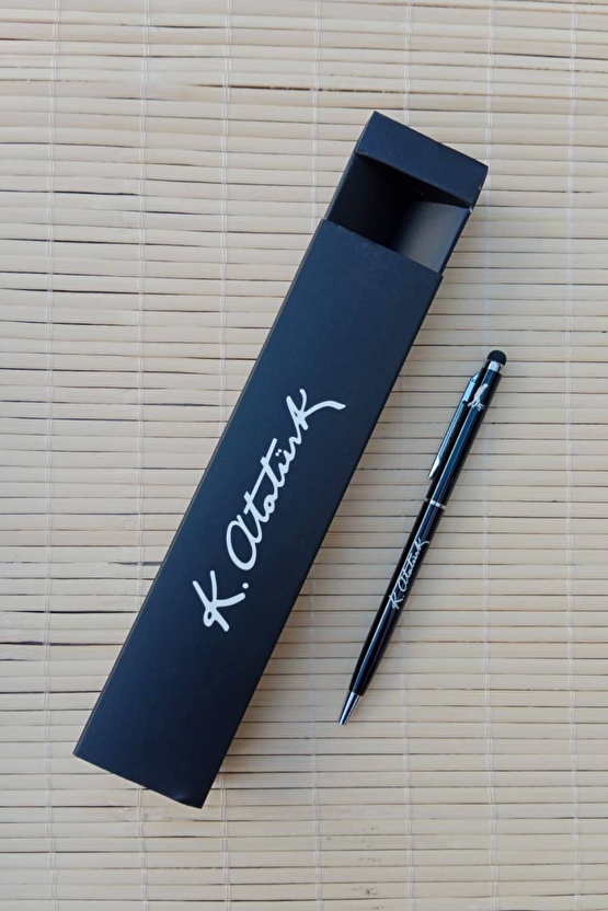 Gazi Mustafa Kemal İmzali Siyah Renkli Lazer Baskili Metal Govde Touchpen Tukenmez Kalem