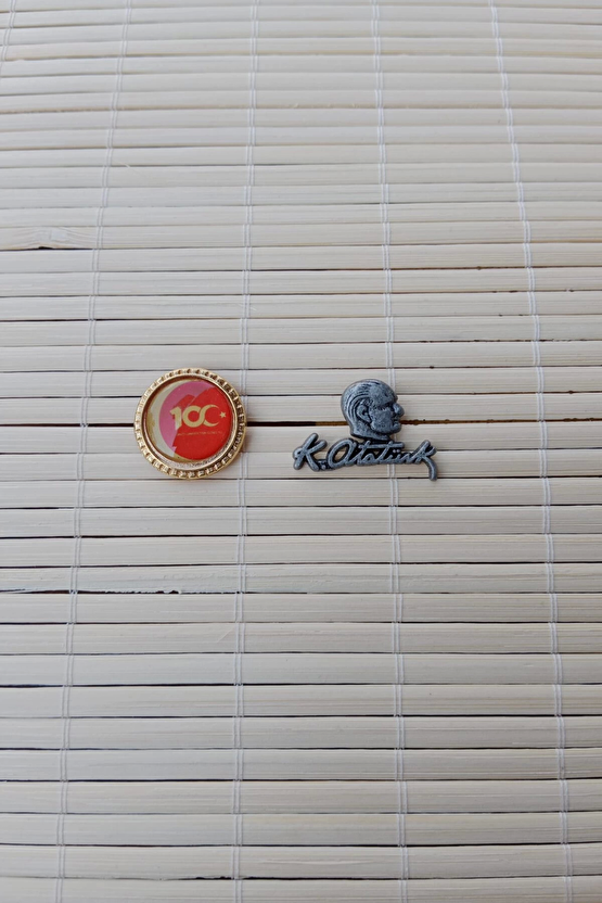 2 Adet 100.yil Ve Siyah Ataturk Siluetli İmzali Sarrafiyeli Taki Ceket Yaka İgnesi Yaka Rozeti