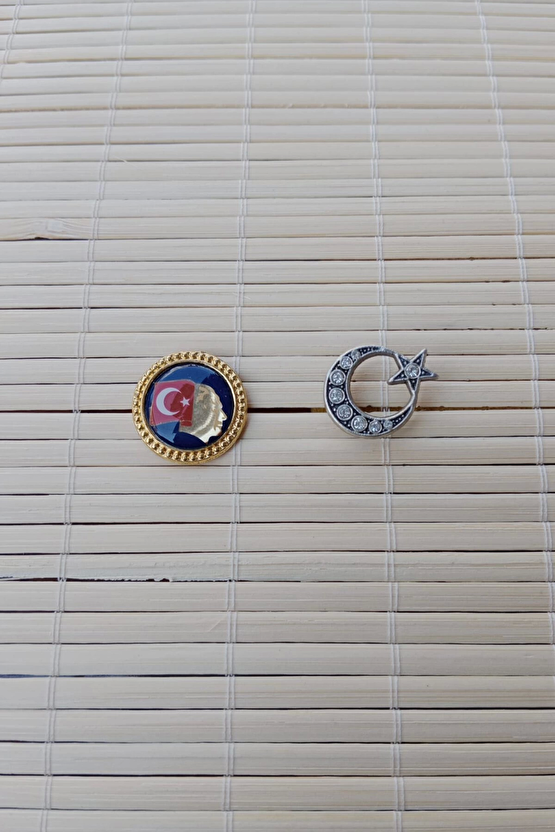 2 Adet Ata Rozeti Beyaz Tasli Ayyildiz Sarrafiyeli Taki Ceket Yaka İgnesi Yaka Rozeti
