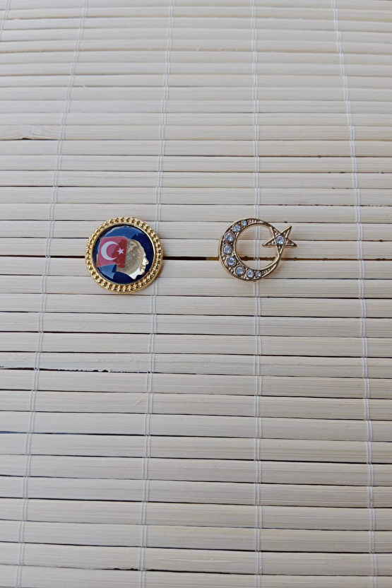 2 Adet Ata Rozeti Tasli Sari Renkli Ayyildiz Sarrafiyeli Taki Ceket Yaka İgnesi Yaka Rozeti