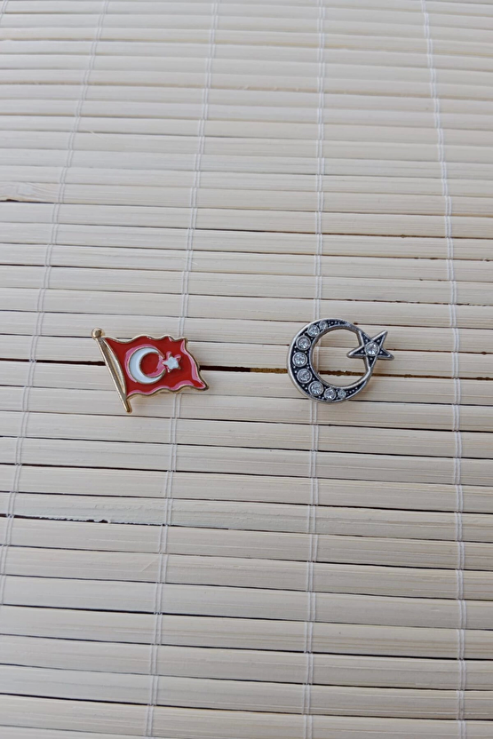 2 Adet Dalgalanan Bayrak Ve Beyaz Tasli Ayyildiz Sarrafiyeli Taki Ceket Yaka İgnesi Yaka Rozeti