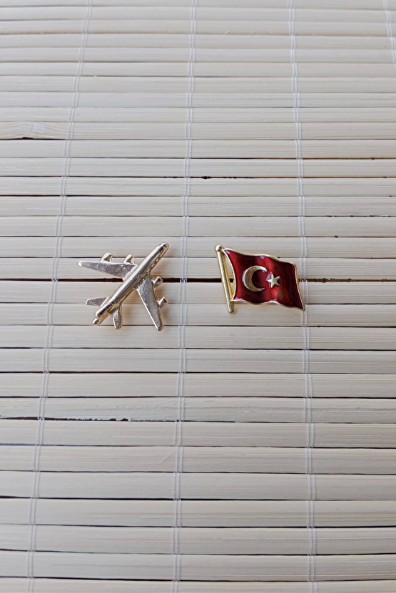 2 Adet Sari Renkli Ucak Maketli Dalgalanan Bayrak Sarrafiyeli Taki Ceket Yaka İgnesi Yaka Rozeti
