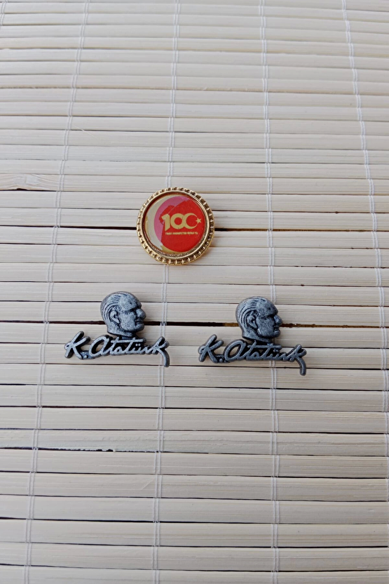 3 Adet 100.yil Siyah Renkli Ataturk Siluetli İmzali Sarrafiyeli Taki Ceket Yaka İgnesi Yaka Rozeti