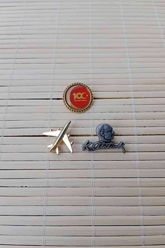 3 Adet 100. Yil Sari Renkli Ucak Maketli Siyah K.ataturk Siluetli İmzali Sarrafiyeli Taki Ceket Yaka İgnesi Yaka Rozeti