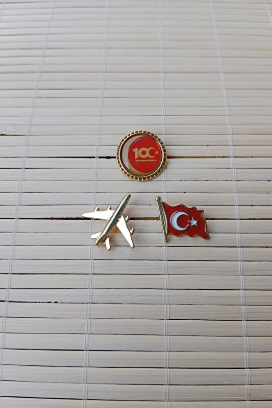 3 Adet 100. Yil Dalgalanan Bayrak Sari Renkli Ucak Maketli Sarrafiyeli Taki Ceket Yaka İgnesi Yaka Rozeti