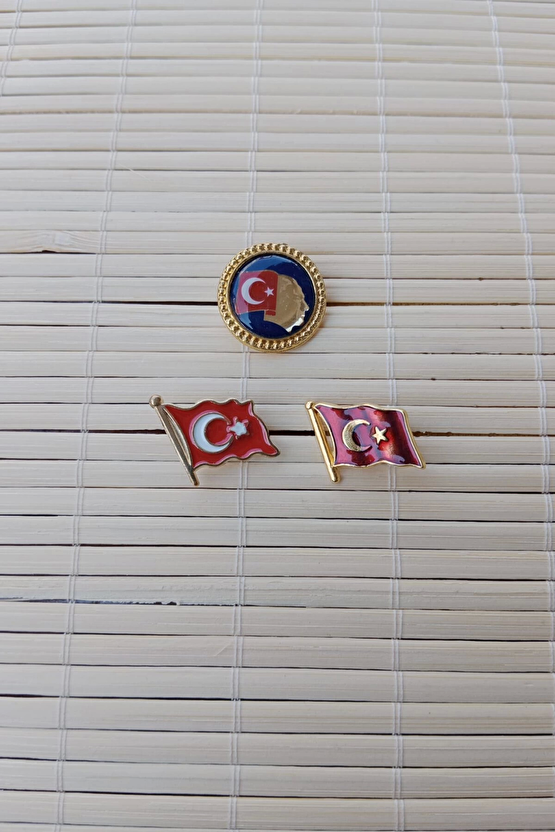 3 Adet Dalgalanan Bayrak Ata Rozeti Sarrafiyeli Taki Ceket Yaka İgnesi Yaka Rozeti