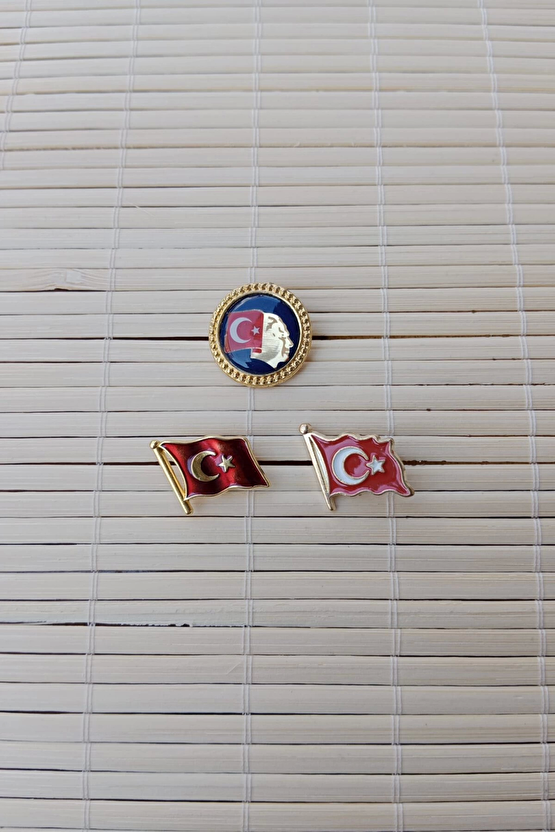 3 Adet Dalgalanan Bayrak Ata Rozeti Sarrafiyeli Taki Ceket Yaka İgnesi Yaka Rozeti