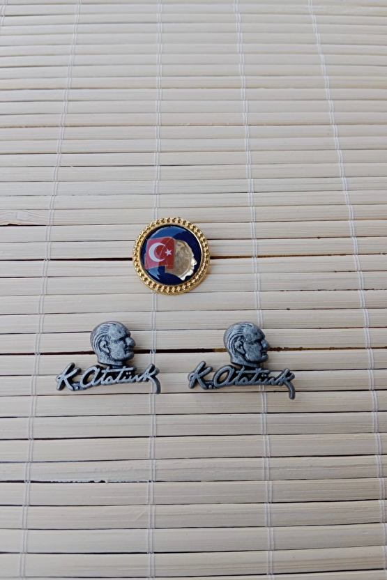 3 Adet Ata Rozeti Siyah Renkli Ataturk Siluetli İmzali Sarrafiyeli Taki Ceket Yaka İgnesi Yaka Rozeti