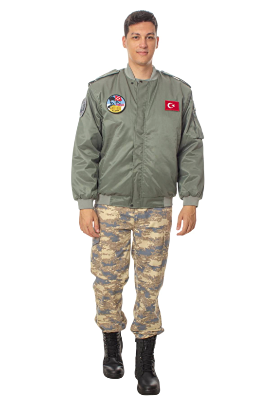 Hava Kuvvetleri Sedef Yesili Renkli 4 Cepli Uzun Kollu Fermuarli Citcitli İc Cepli Orjinal Pilot Mont Ceket Kamuflaj Pan