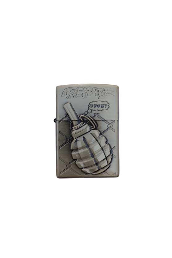 Ozel Tasarim Altin Sarisi Renkli Benzinli Grenade Boom Yazili Kabartmali El Bombasi Desenli Premium Zippo Cakmak