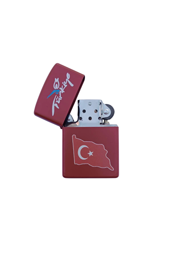 Ozel Tasarim Kirmizi Renkli Benzinli Turkiye Yazili Ayyildiz Bayrakli Zippo Cakmak