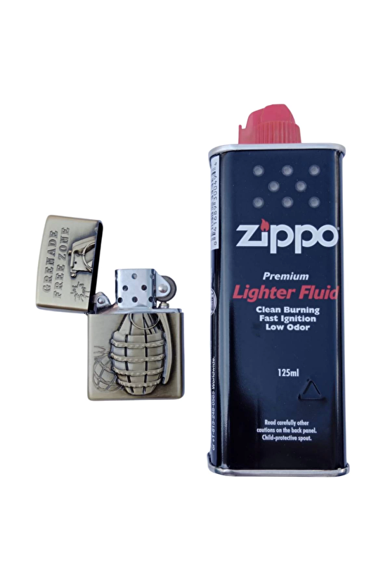 Ozel Tasarim Altin Sarisi Renkli Benzinli Grenade Free Zone Yazili Kabartmali El Bombasi Desenli Premium Zippo Cakmak
