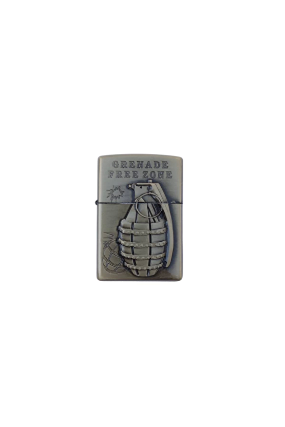Ozel Tasarim Altin Sarisi Renkli Benzinli Grenade Free Zone Yazili Kabartmali El Bombasi Desenli Zippo Cakmak