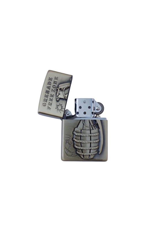 Ozel Tasarim Altin Sarisi Renkli Benzinli Grenade Free Zone Yazili Kabartmali El Bombasi Desenli Zippo Cakmak