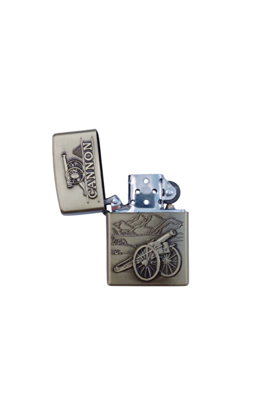 Ozel Tasarim Ortacag Cannon Topcu Silahi Sari Renkli Yazili Kabartmali Premium Zippo Cakmak