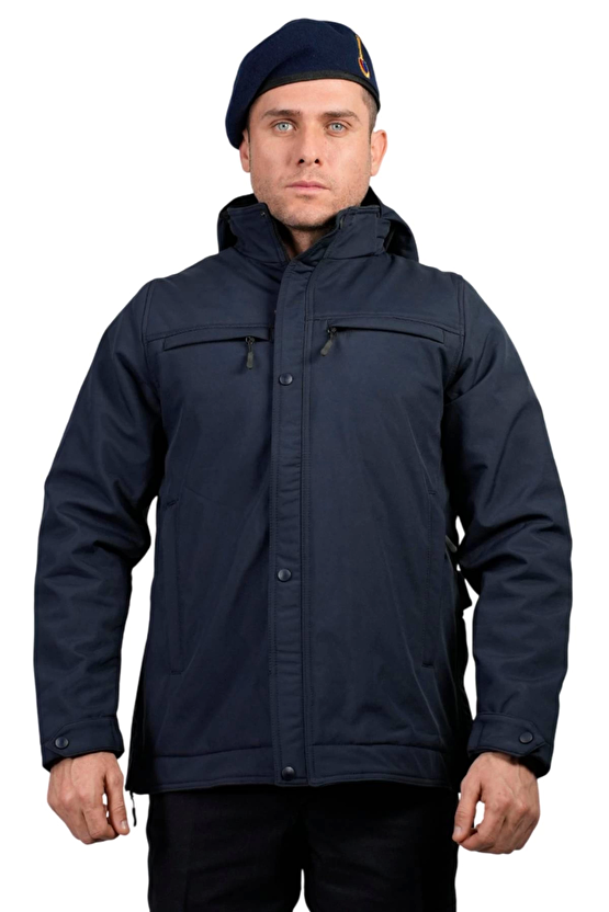 Jandarma Asayis Lacivert Renkli 5 Cepli Uzun Kollu Soguk Gecirmez Softshell Kapusonlu Taktik Mont
