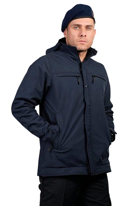 Jandarma Asayis Lacivert Renkli 5 Cepli Uzun Kollu Soguk Gecirmez Softshell Kapusonlu Taktik Mont