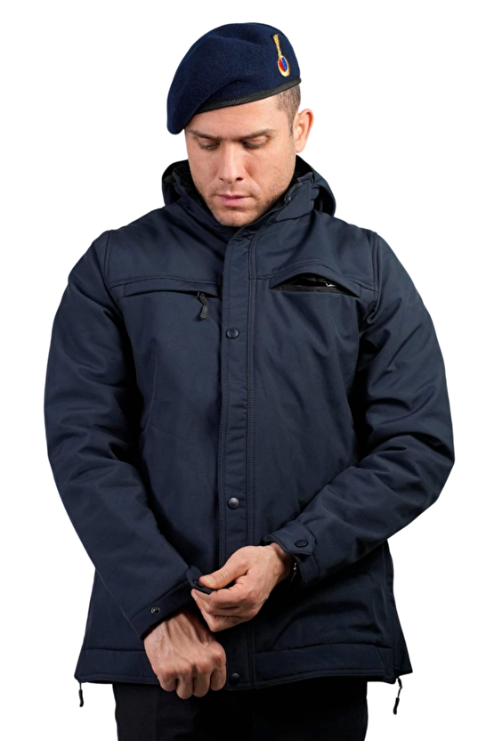 Jandarma Asayis Lacivert Renkli 5 Cepli Uzun Kollu Soguk Gecirmez Softshell Kapusonlu Taktik Mont