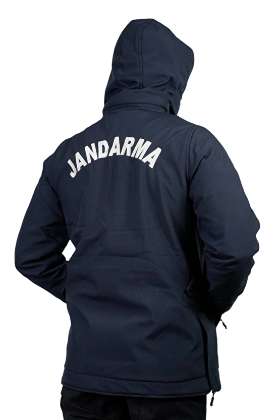 Jandarma Asayis Lacivert Renkli 5 Cepli Uzun Kollu Soguk Gecirmez Softshell Kapusonlu Taktik Mont