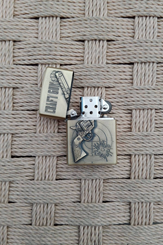 Ozel Tasarim Sari Renkli 38 Lik Tabanca Kabartmali Craft Gun Yazili Zippo Cakmak