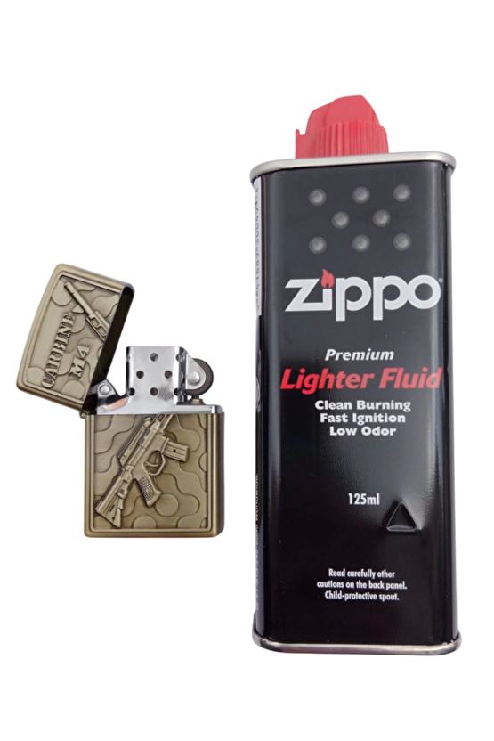 Ozel Tasarim Sari Renkli Carbine M4 Makineli Tufek Kabartmali Premium Zippo Cakmak