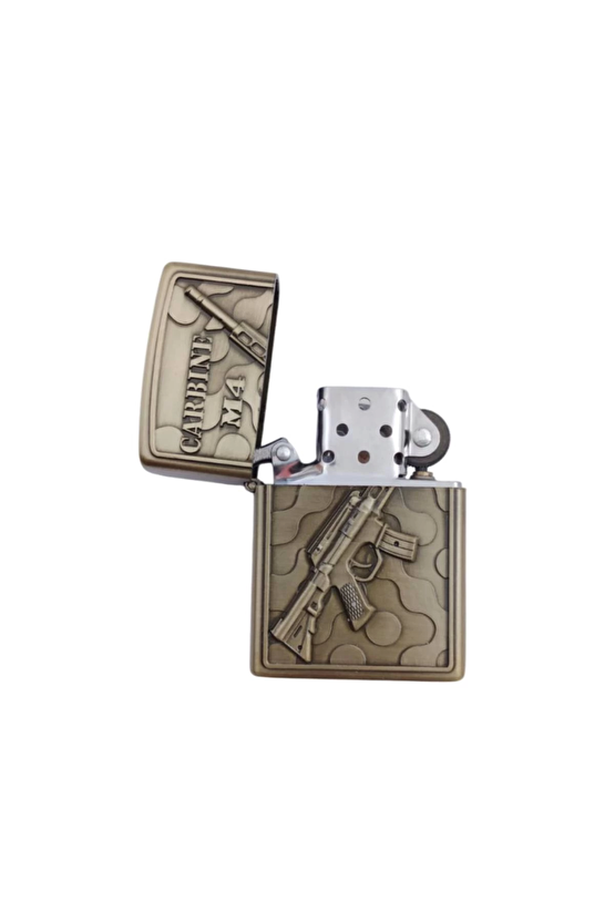 Ozel Tasarim Sari Renkli Carbine M4 Makineli Tufek Kabartmali Zippo Cakmak